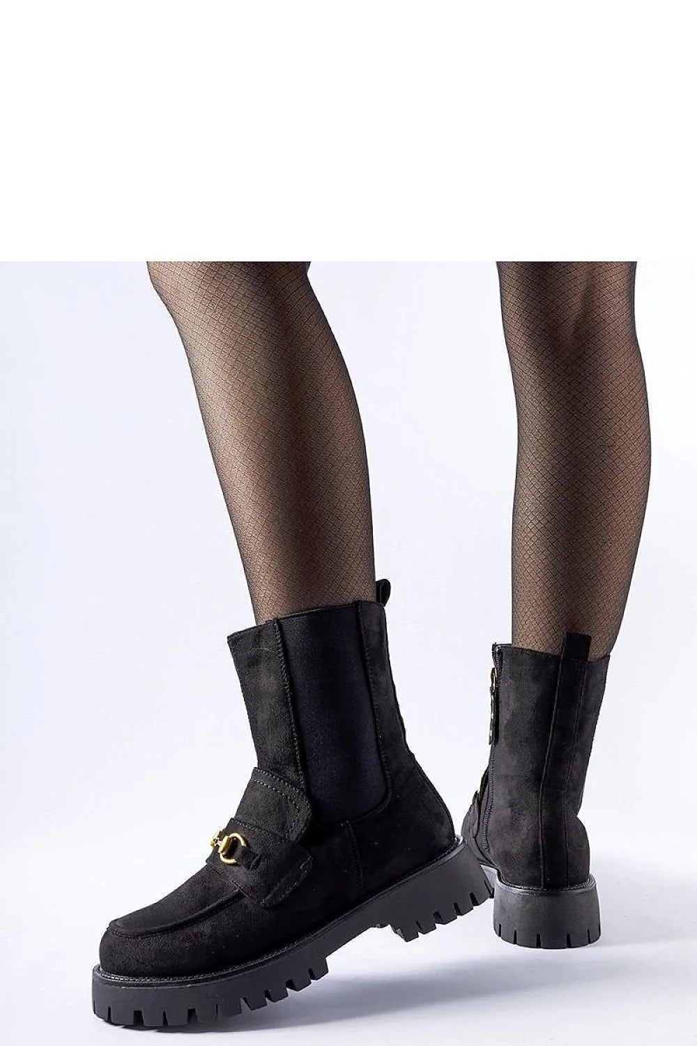 Bottes élégantes pour femmes en daim noir avec boucle dorée, style moderne, semelle épaisse, fermeture éclair latérale, confortable et durable