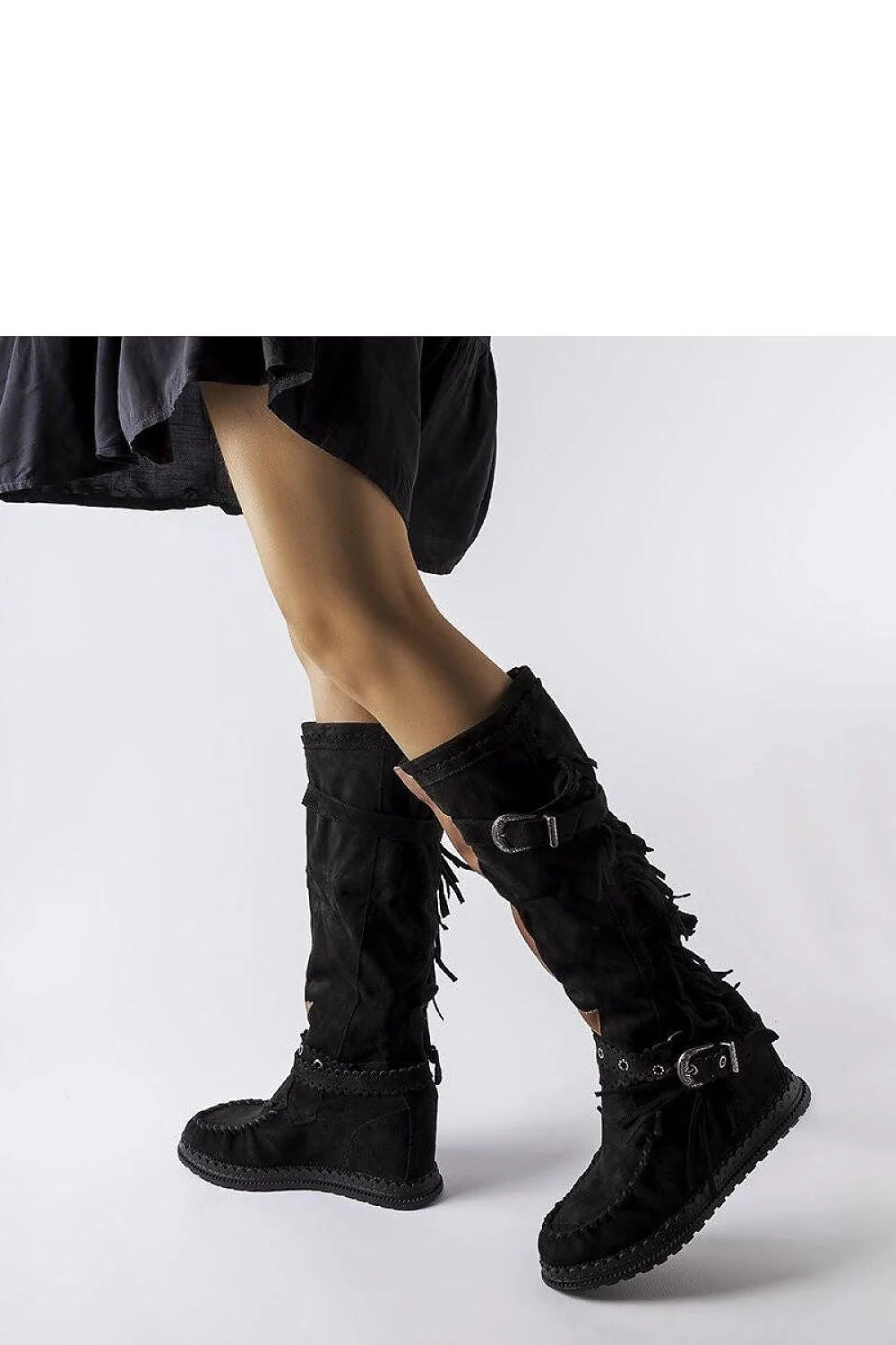 Bottes cothurnes bohèmes en daim noir avec franges et découpes, style rustique, talon compensé, femmes, hiver