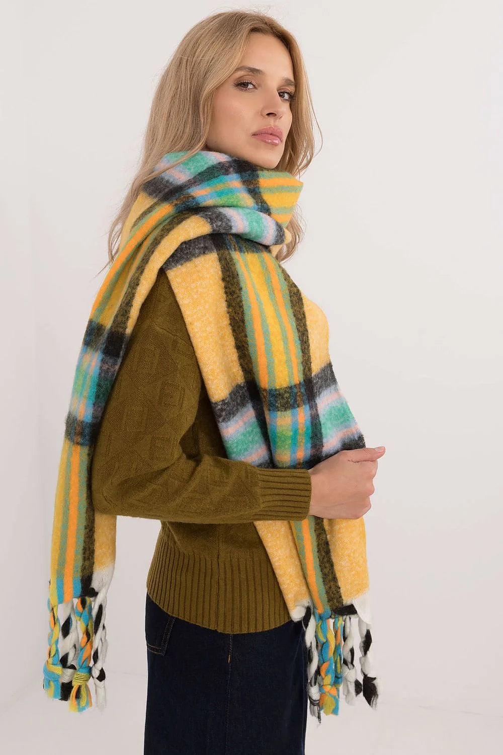 écharpe femme carreaux multicolore polyester doux moelleux volumineux oversize long rectangulaire franges torsadées chaud automne hiver