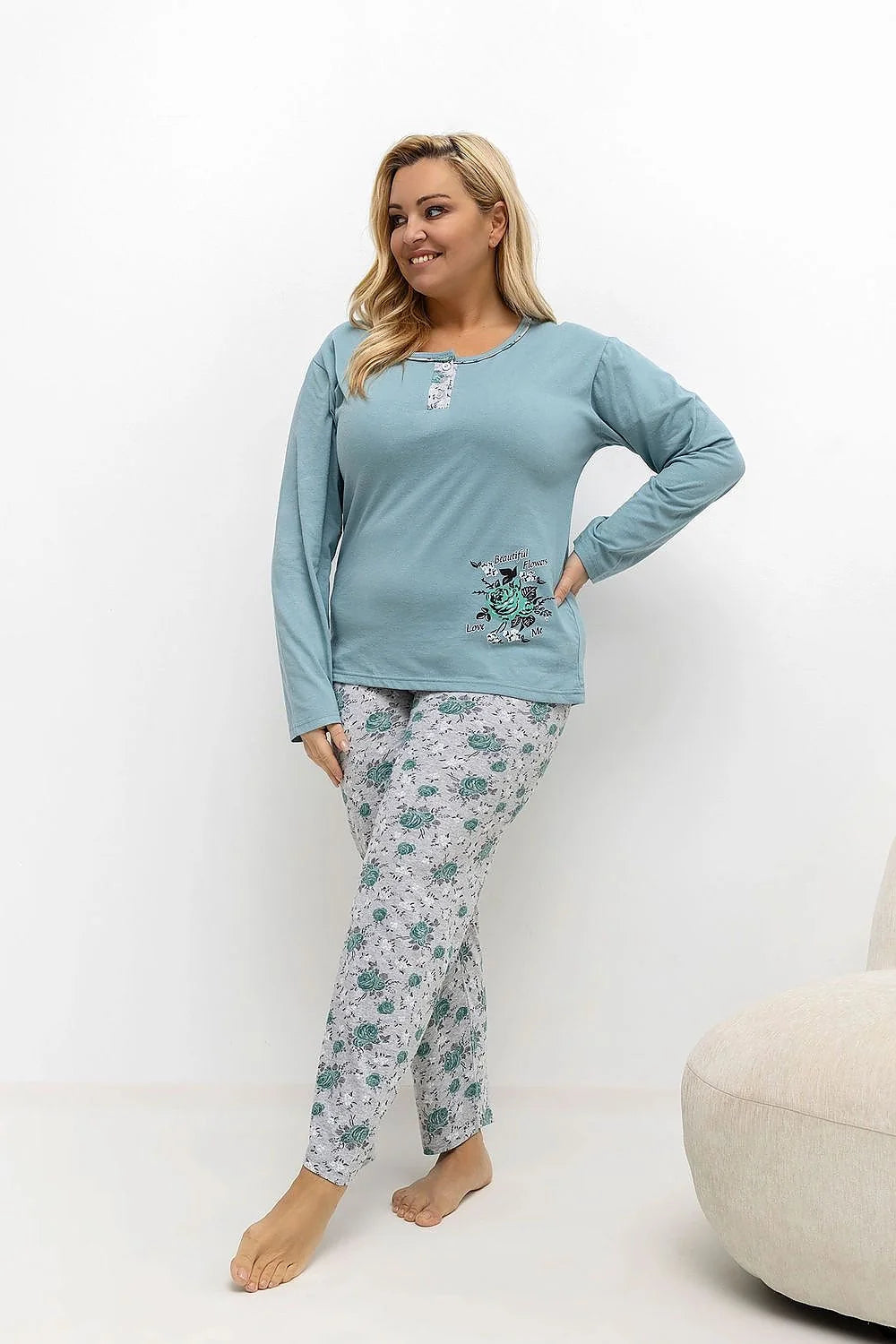 pyjama femme grande taille confortable coton haut manches longues col rond patte boutons dentelle pantalon long élastique imprimé floral sauge