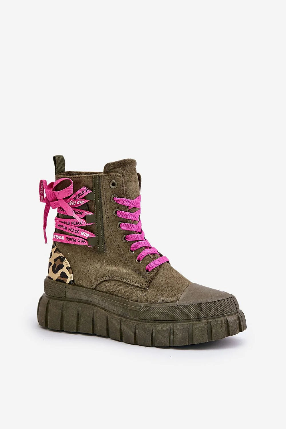 Bottes Step in style en suède éco-friendly, style audacieux, couleur kaki, laces roses, plateforme 5 cm, support cheville, occasion多种，femme élégante