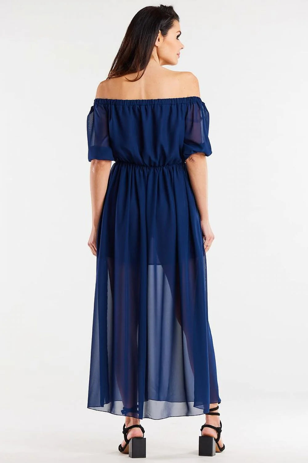 Robe de jour awama longue en mousseline soie doublure élastiquée fentes côté manches 3/4 élastiques polyester 100% taille ajustable femme