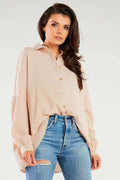 Chemise manche longue Infinite You oversize col droit boutons nacré couleur rose pâle femme style décontracté moderne