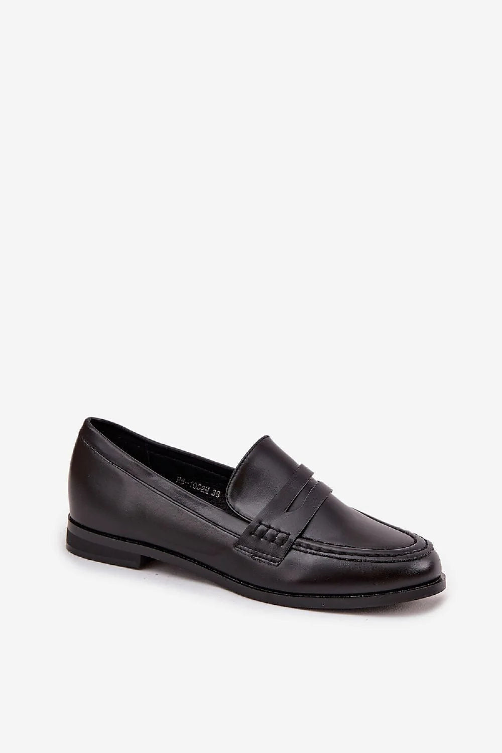mocassins femme simili cuir noir penny loafer empeigne lisse bout arrondi surpiqûres bride pontée semelle plate talon bas