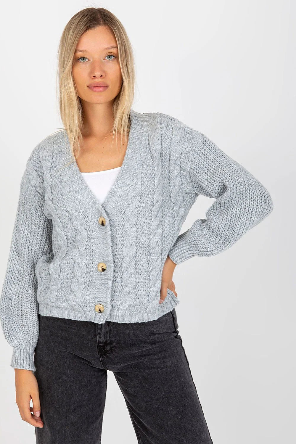 Cardigan Och Bella pour Femme - Longues Manches, Boutons en Bois, Texture Tricotée, gris clair, Coupe Relâchée, Manches Puffées, Matière Acrylique, Taille Universelle, Manches Côtelées, Col en V