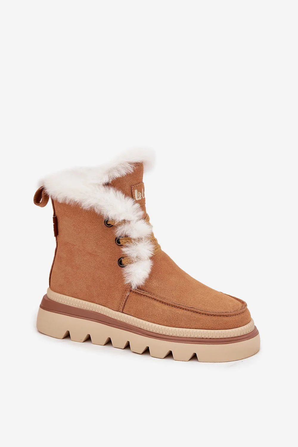 Lee Cooper bottes neige femme daim suédine camel bordure fourrure blanche lacets oeillets zip lateral semelle caoutchouc crantee plateforme 45mm