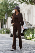 ensemble deux pièces femme chocolat maille douce extensible top colV cintré veste bomber courte boutonsdorés pantalon taillehaute évasé pocheslatérales confortable