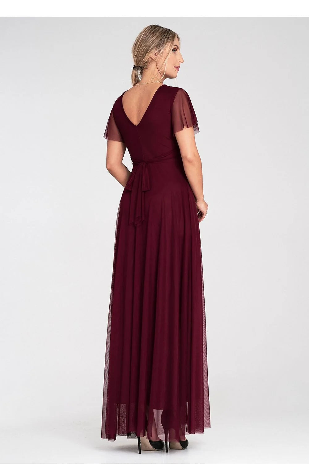 Robe longue élégante en tulle bordeaux manches courtes en V dos nu soirée été hiver femme
