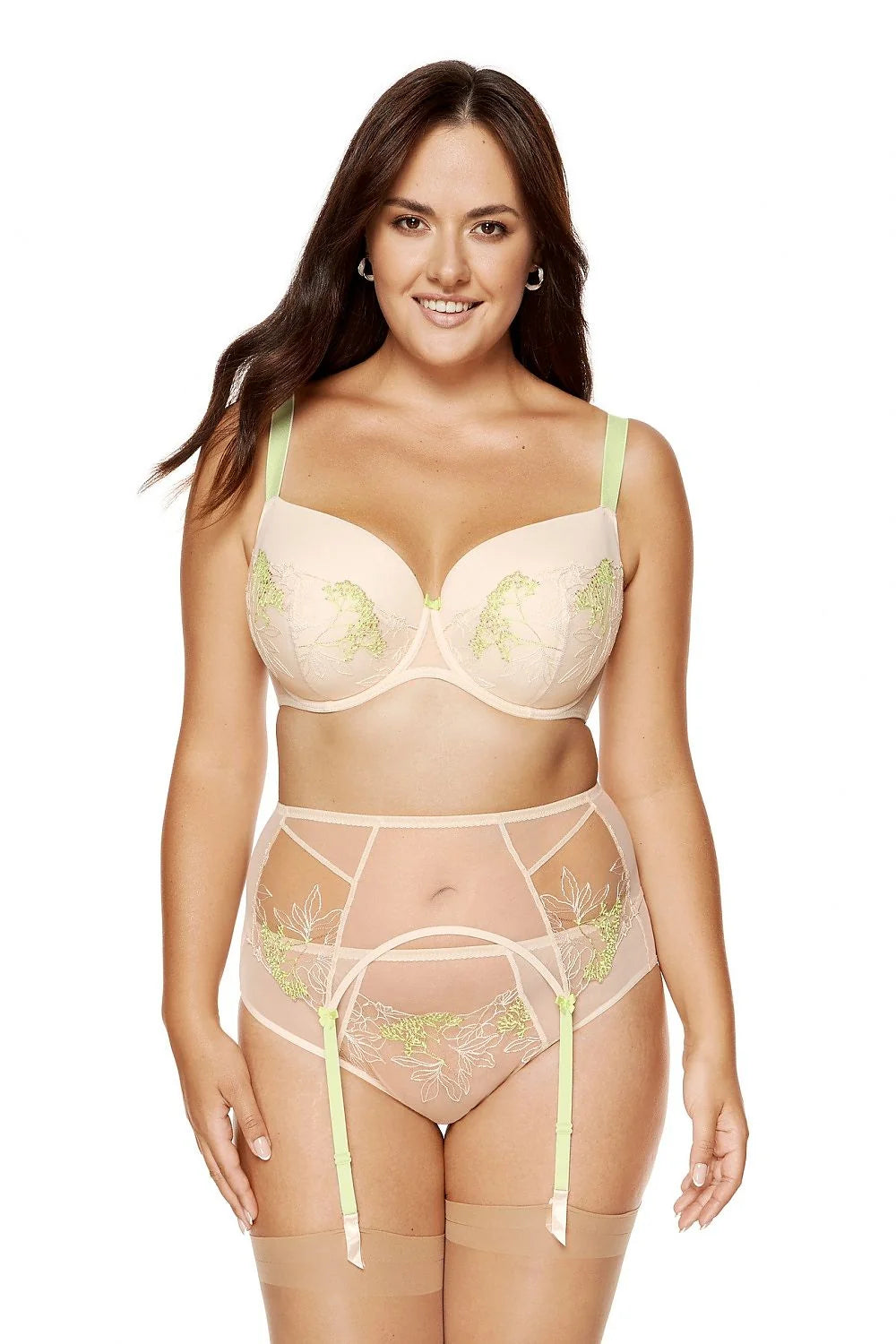 Ensemble lingerie féminine élégant dentelle floral jarretelles vert soutien-gorge balconnet culotte ajustable occasion spéciale femme