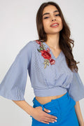 chemisier femme croptop court ajusté coton naturel popeline léger manches troisquarts colV laçage dos broderie florale rayures fines bleu blanc