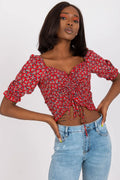 Chemisier Rue Paris floral vibrant court crop top col en cœur manches bouffantes lacing ajustable rouge bleu blanc 100% viscose tailles S/M/L femme
