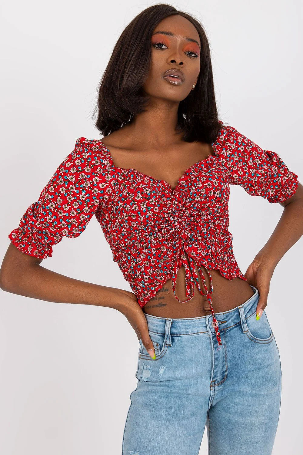 Chemisier Rue Paris floral vibrant court crop top col en cœur manches bouffantes lacing ajustable rouge bleu blanc 100% viscose tailles S/M/L femme