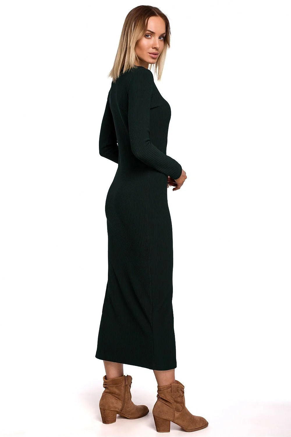 Robe longue en cotonélasthanne noire élégante ajustée manches longues fente latérale occasion semi-formelle