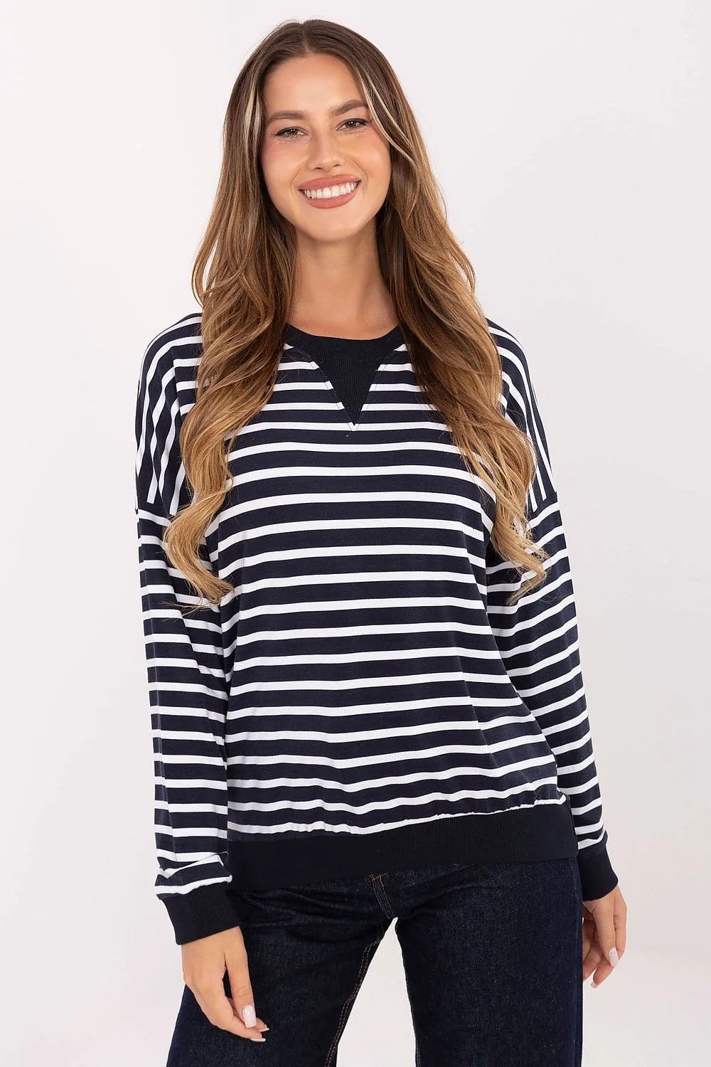 chemisier oversize rayures marinière bleu marine blanc manches longues encolure ronde jersey doux côtelés poignets ourlet longueur hanches décontracté chic