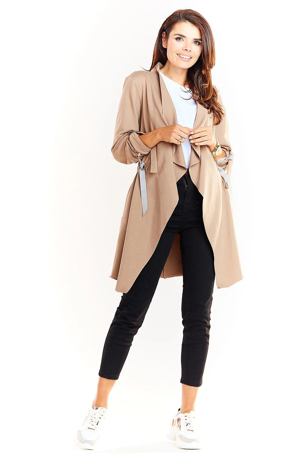 Veste drapée femme polyester viscose beige moderne manches longues rubans décontractée chic mi-saison