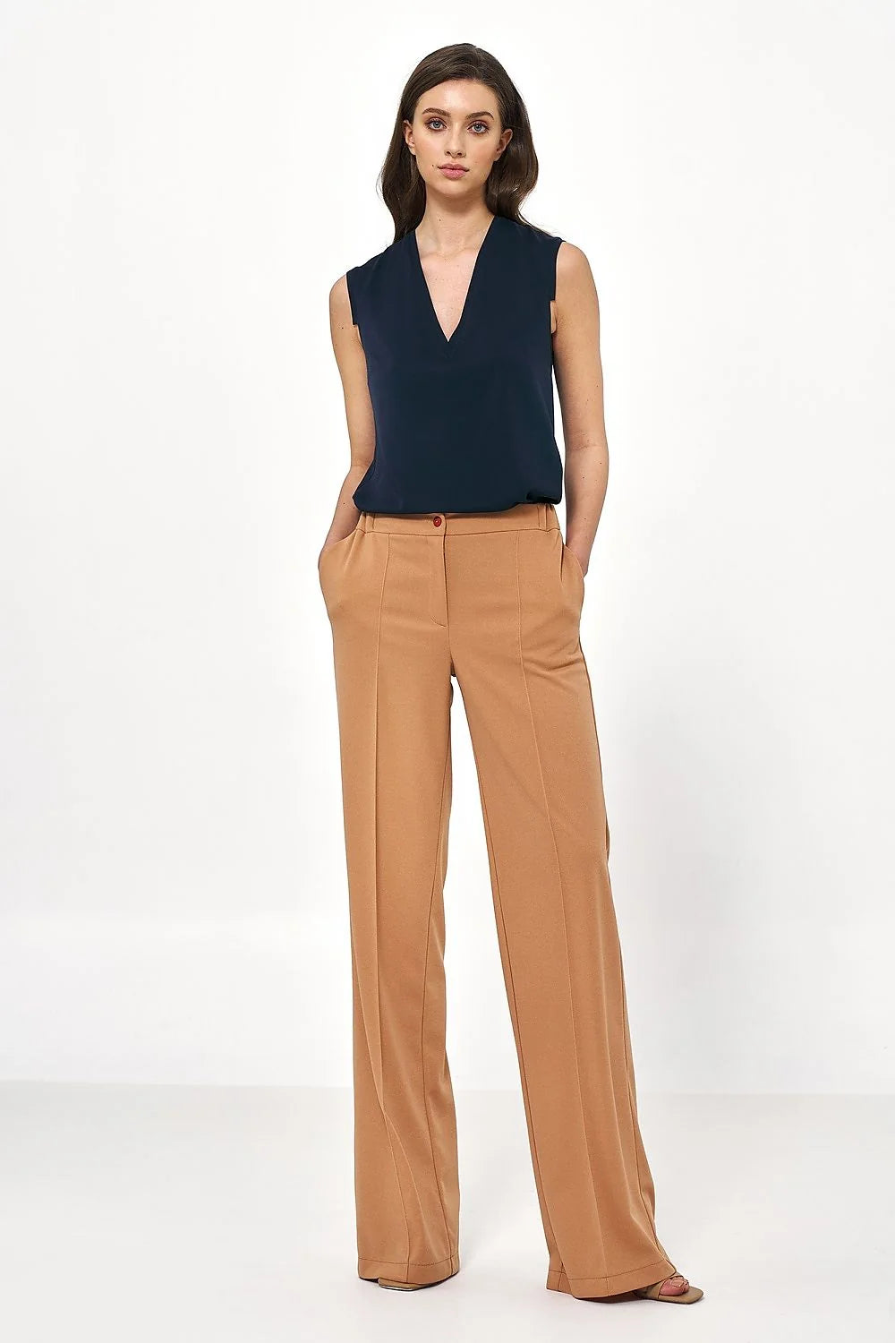 Pantalon femme beige ample coupe haute taille ajustable élasthanne polyester manches longues style élégant