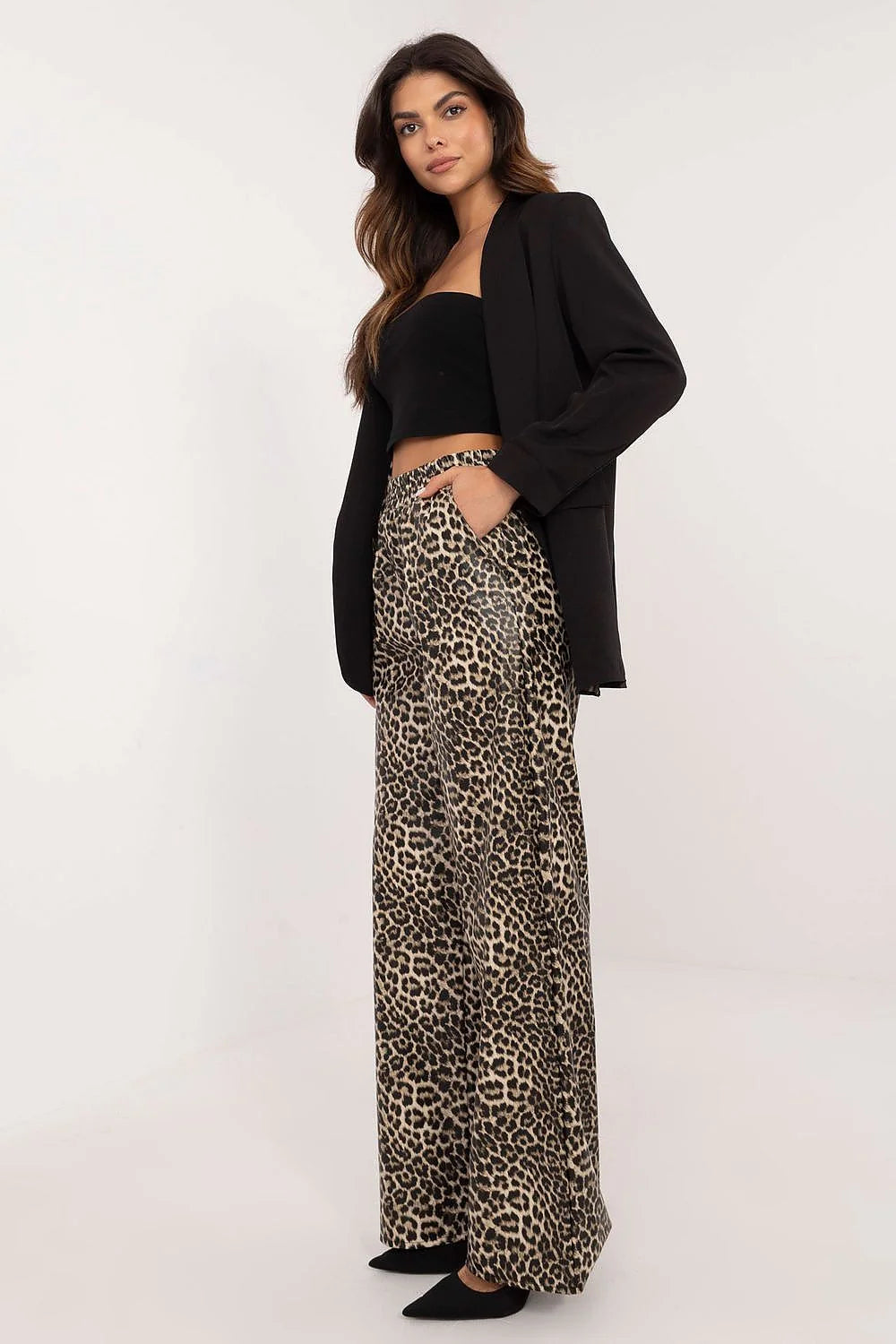 Pantalon femme en simili cuir imprimé léopard taille haute jambes droites style palazzo polyester elasthanne confortable élégant mode