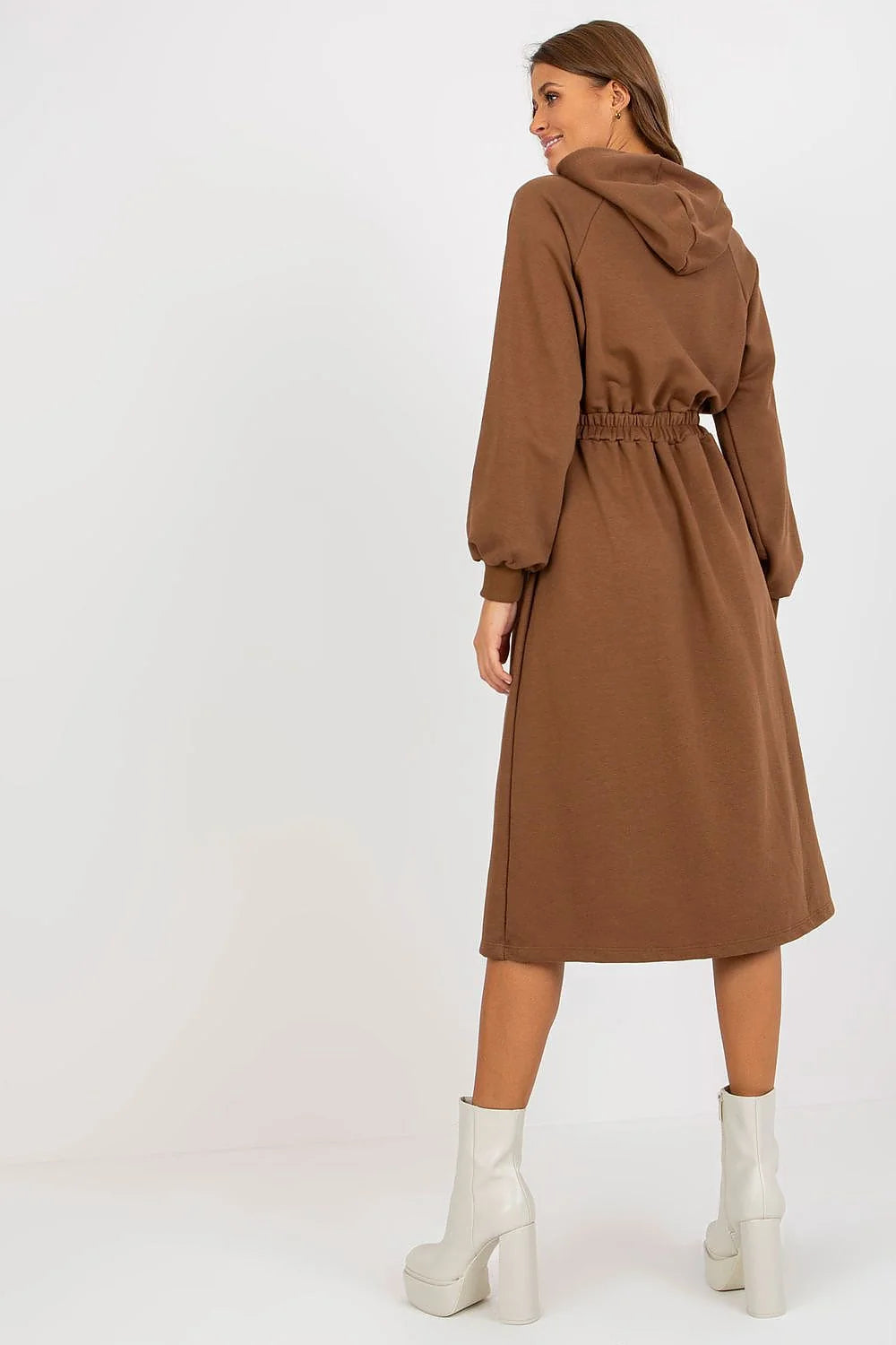 Robe de jour Relevance en coton et elasthanne, manches longues, capuche, boutons decoratifs, couleur verte, style casual, pour femme