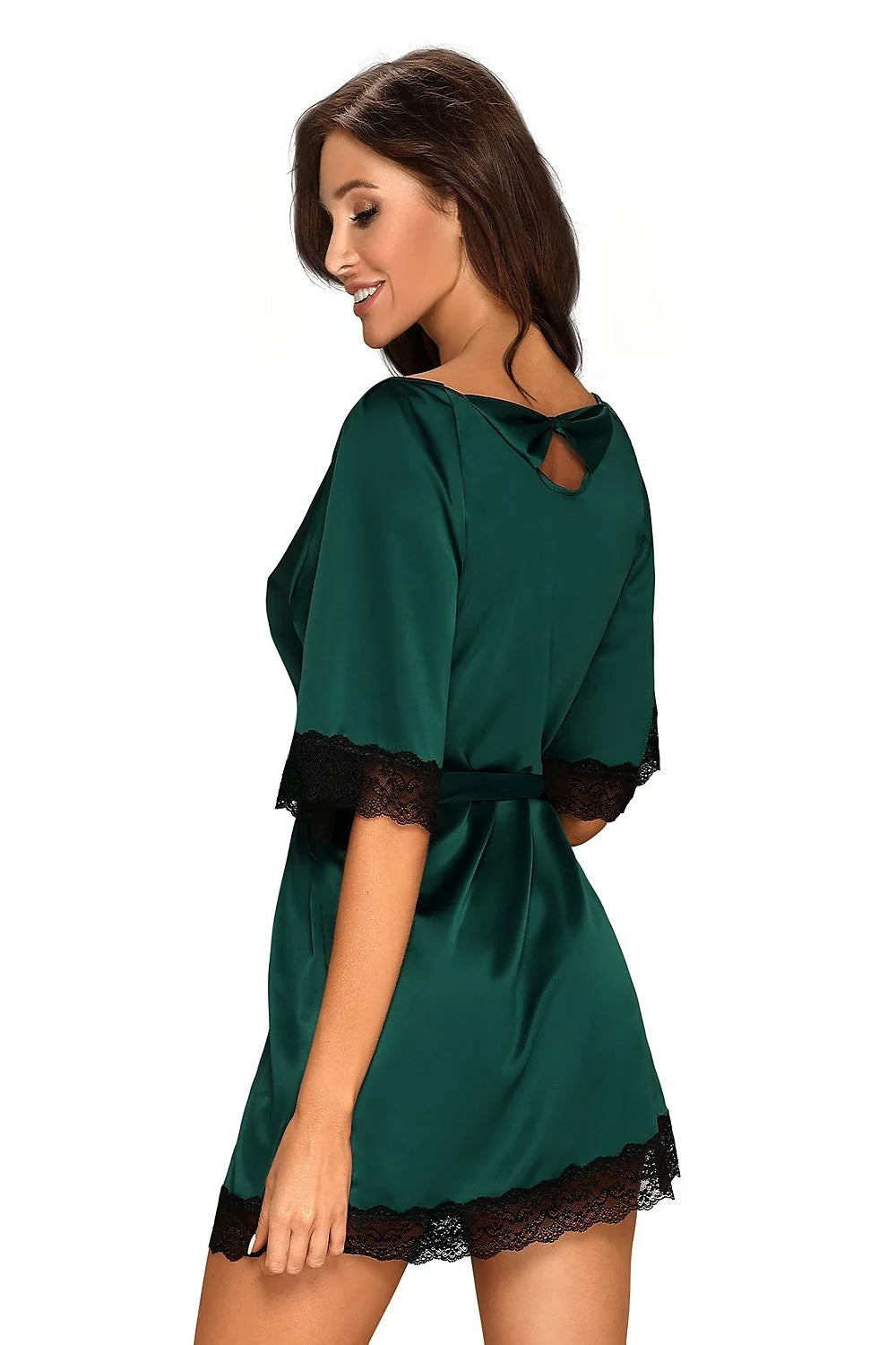 Robe de chambre élégante style kimono vert émeraude dentelle noire ceinture ajustable femme