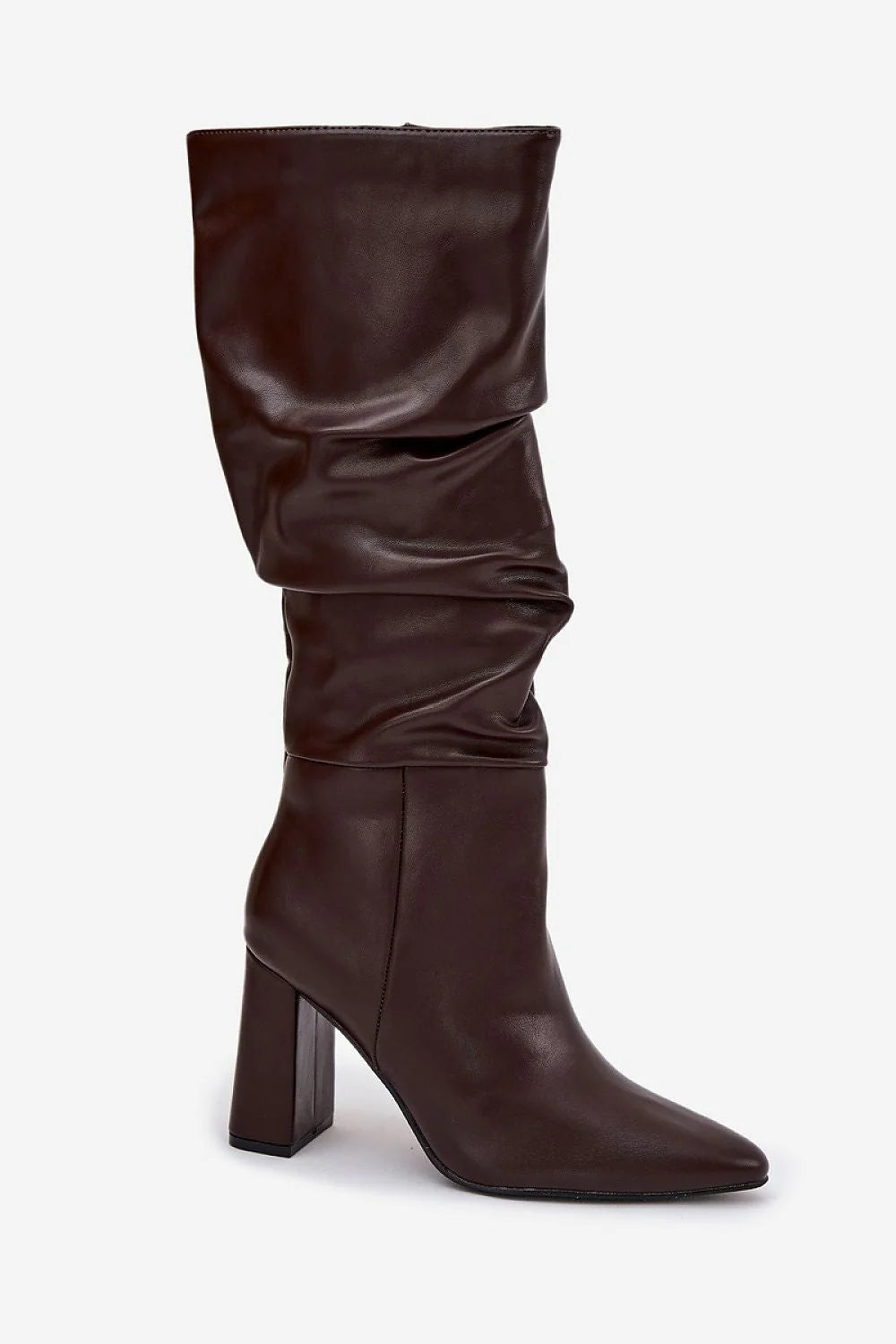 bottes femme similicuir marron chocolat tige froncée mi mollet bout pointu talon bloc haut fermeture éclair latérale