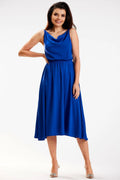 Robe midi bleu vif bretelles fines décolleté drapé coupe ajustée femmes occasion semi-formelle été