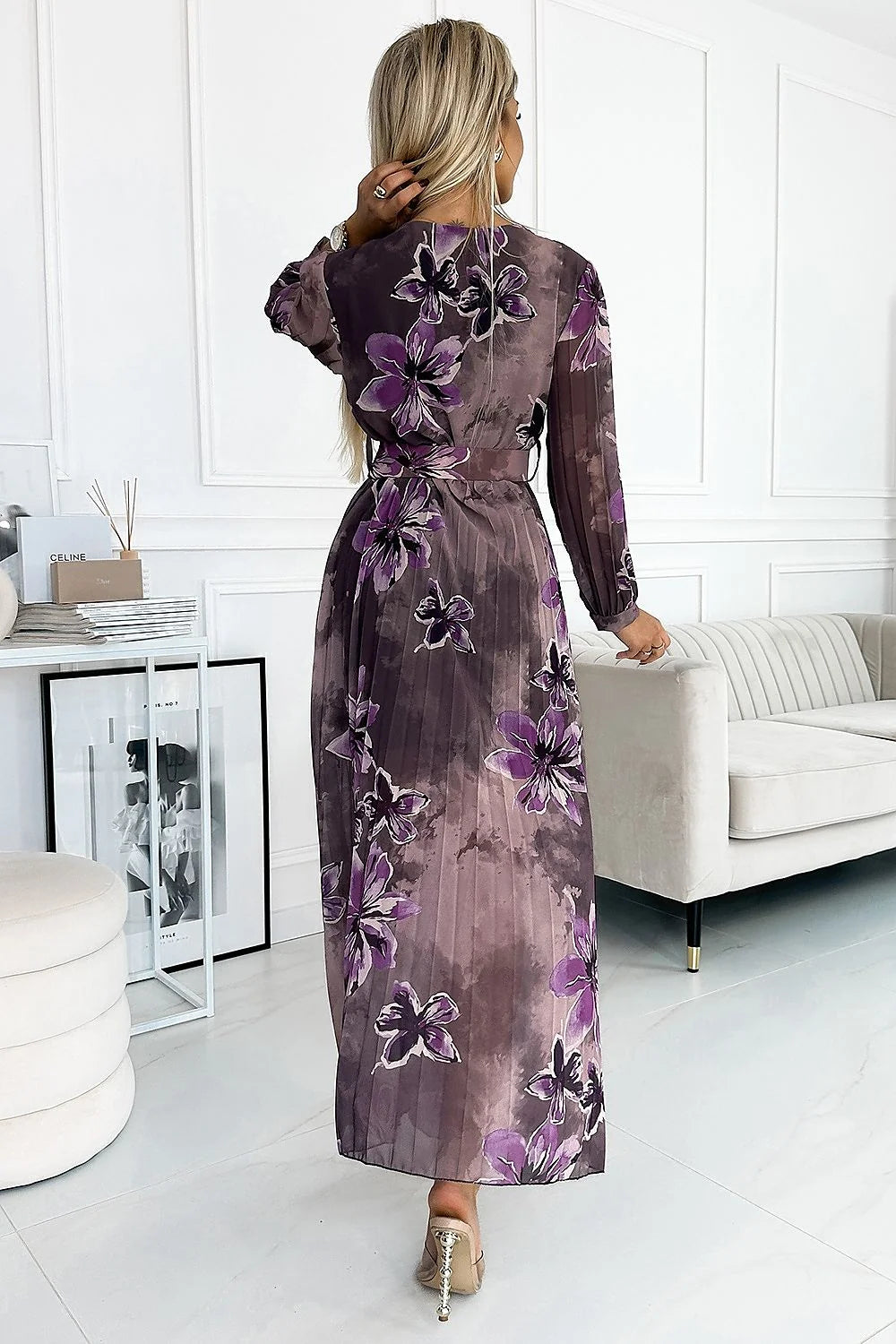 Robe de cocktail longue en mousseline Numoco V-neck manches longues motif floral violet polyester Europe femme