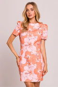 Robe de jour élégante imprimé floral manches bouffantes encolure bateau sans doublure corail rose femme