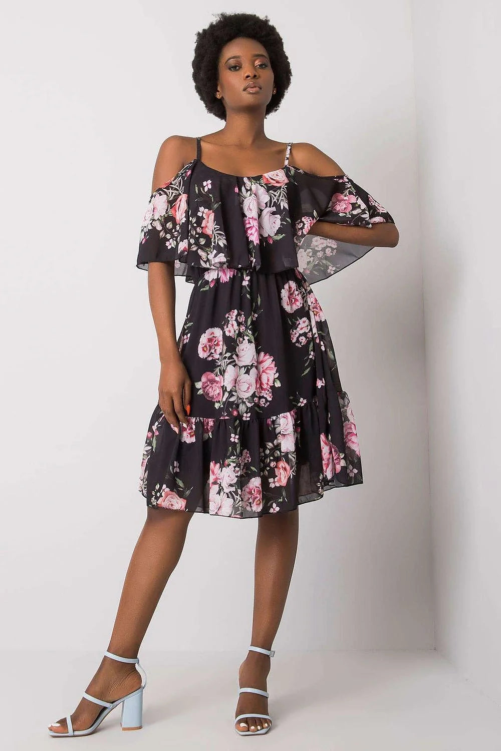 Robe de jour élégante imprimée floral rose blanc vert robe midi manches courtes épaules nues femmes Polyester Viscose