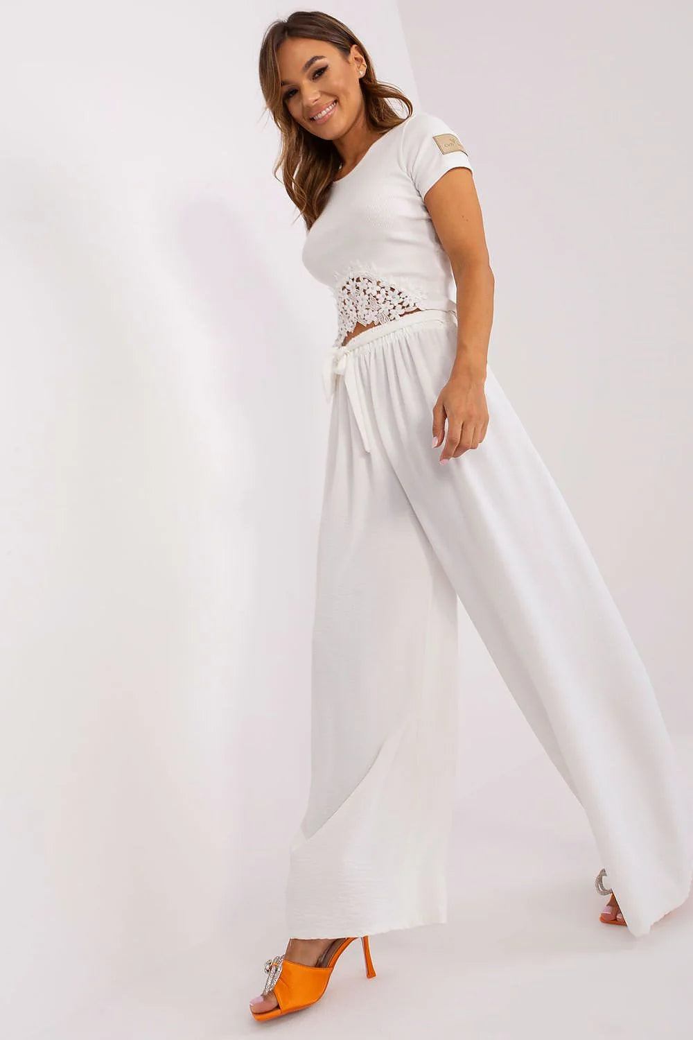 Pantalon femme Och Bella été large lien taille elasthanne polyester crop top dentelle florale sandales orange