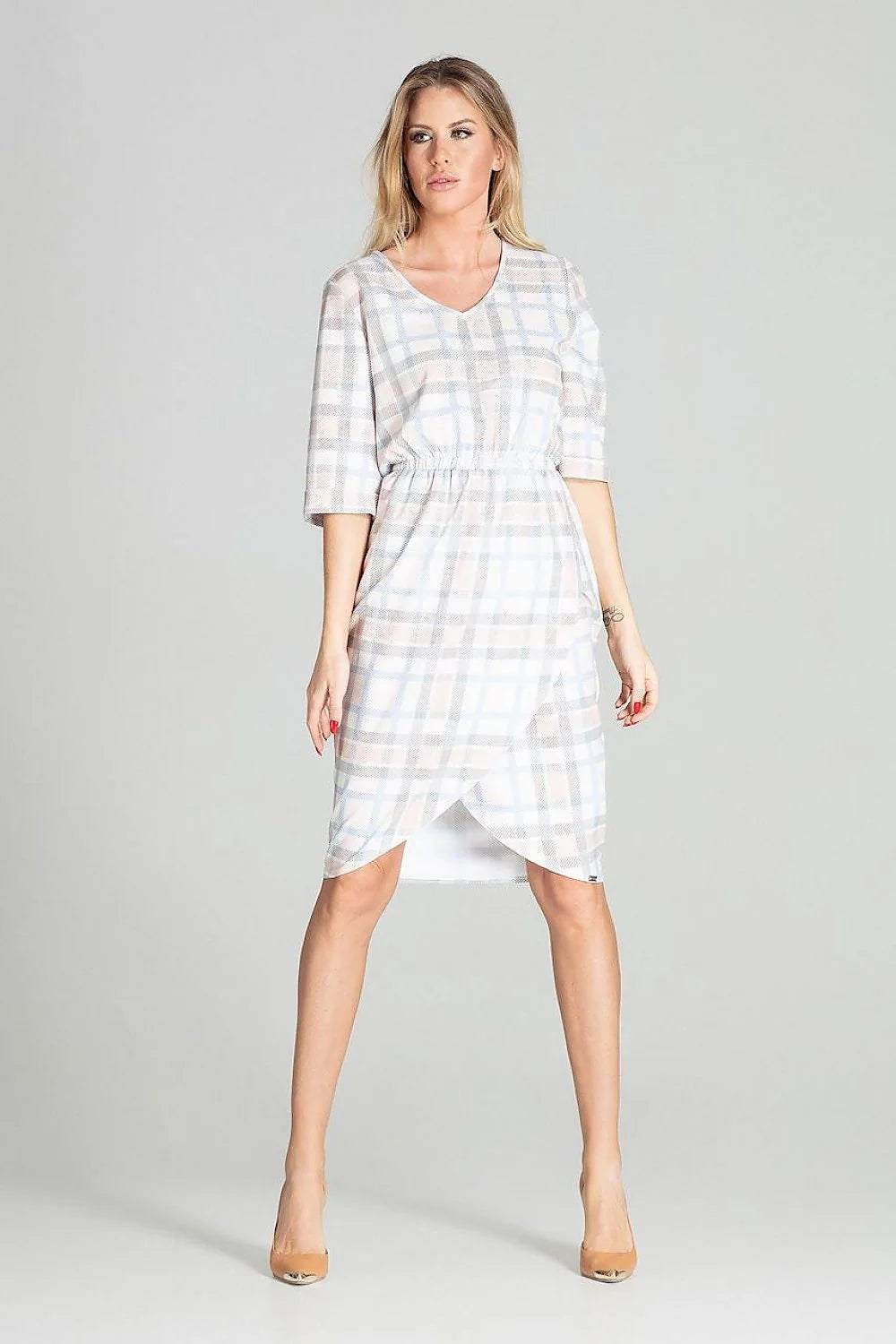 robe midi femme bleu ciel manches trois quarts col rond taille élastique jupe portefeuille asymétrique coupe blousante cintrée
