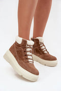 bottes neige femme Vinceza suède camel plateforme massive semelle crantée écrue col sherpa blanc lacets ronds zip latéral doublure fourrure