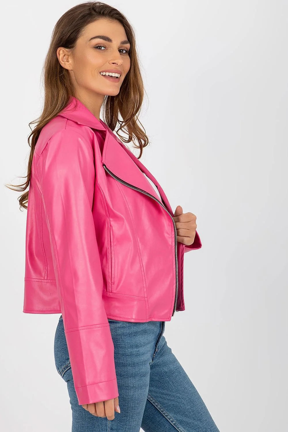 Veste Lakerta en simili cuir rose vif style motard manches longues col à revers fermetures éclair métalliques femmes mode urbaine