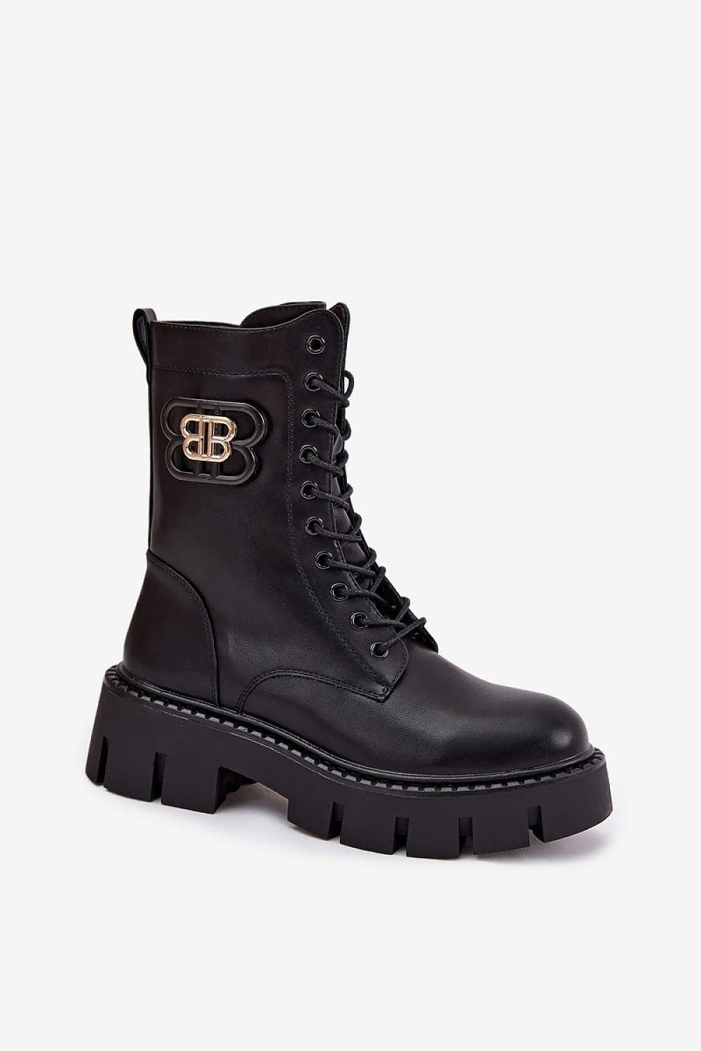 bottines femme rangers lacees mi mollet biker simili cuir noir bout rond oeillets metalliques semelle plateforme crantee antiderapante