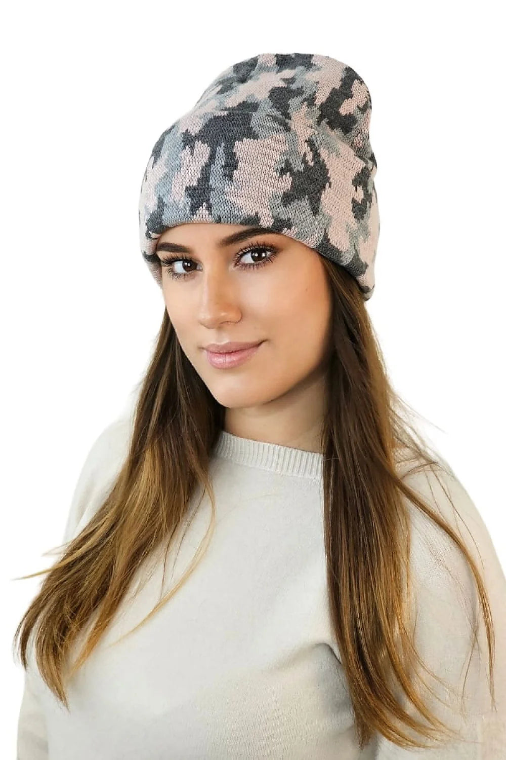 bonnet femme camouflage slouchy maille douce tricotée oversize côtelé discret extensible chaud confortable élégant moderne intemporel gris bleu clair