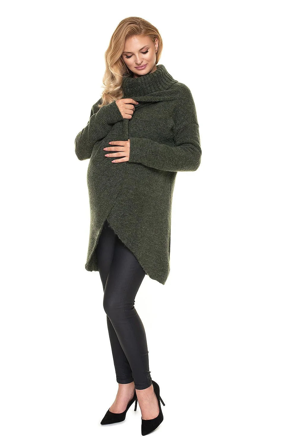 pull grossesse moderne confortable col roulé épais beige taupe oversize tunique mi cuisse asymétrique ouverture allaitement manches bouffantes