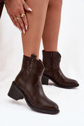 bottines femme cowboy western similicuir marron foncé cheville arrondi talon massif confortable stable semelle épaisse fermeture zippée doublure douce
