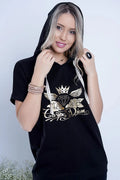 Sweatshirt coton noir streetwear chic imprimé doré confortable oversize femme moderne tendance casual élégant