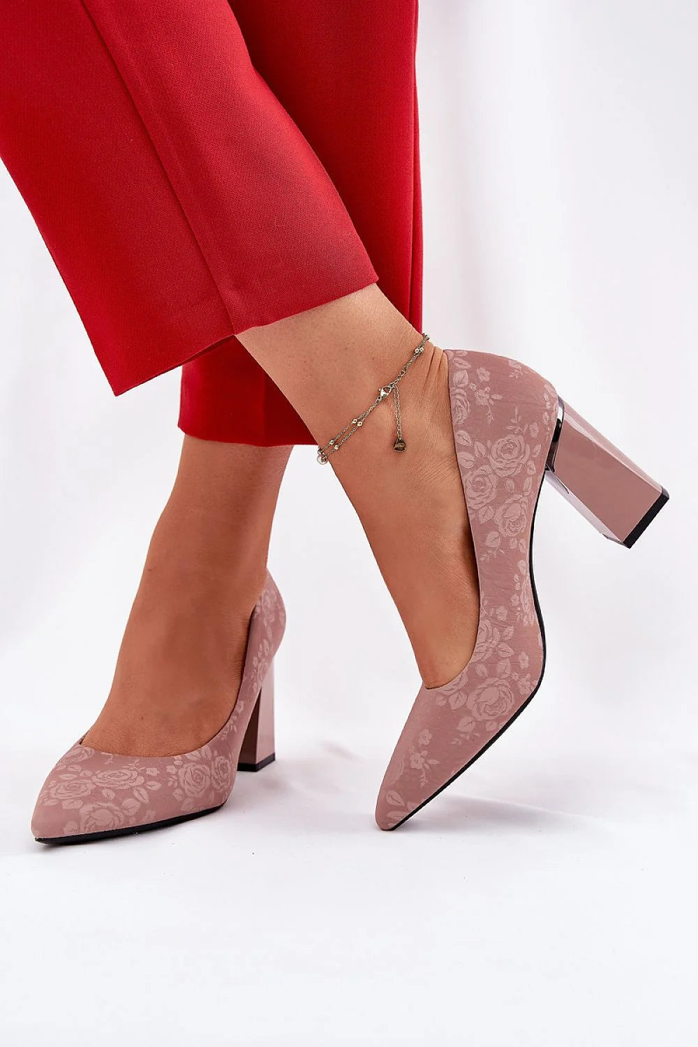 Escarpins talon large classiques élégants Vinceza fleurs rose poudré femmes confort talon stable soirée occasion formelle