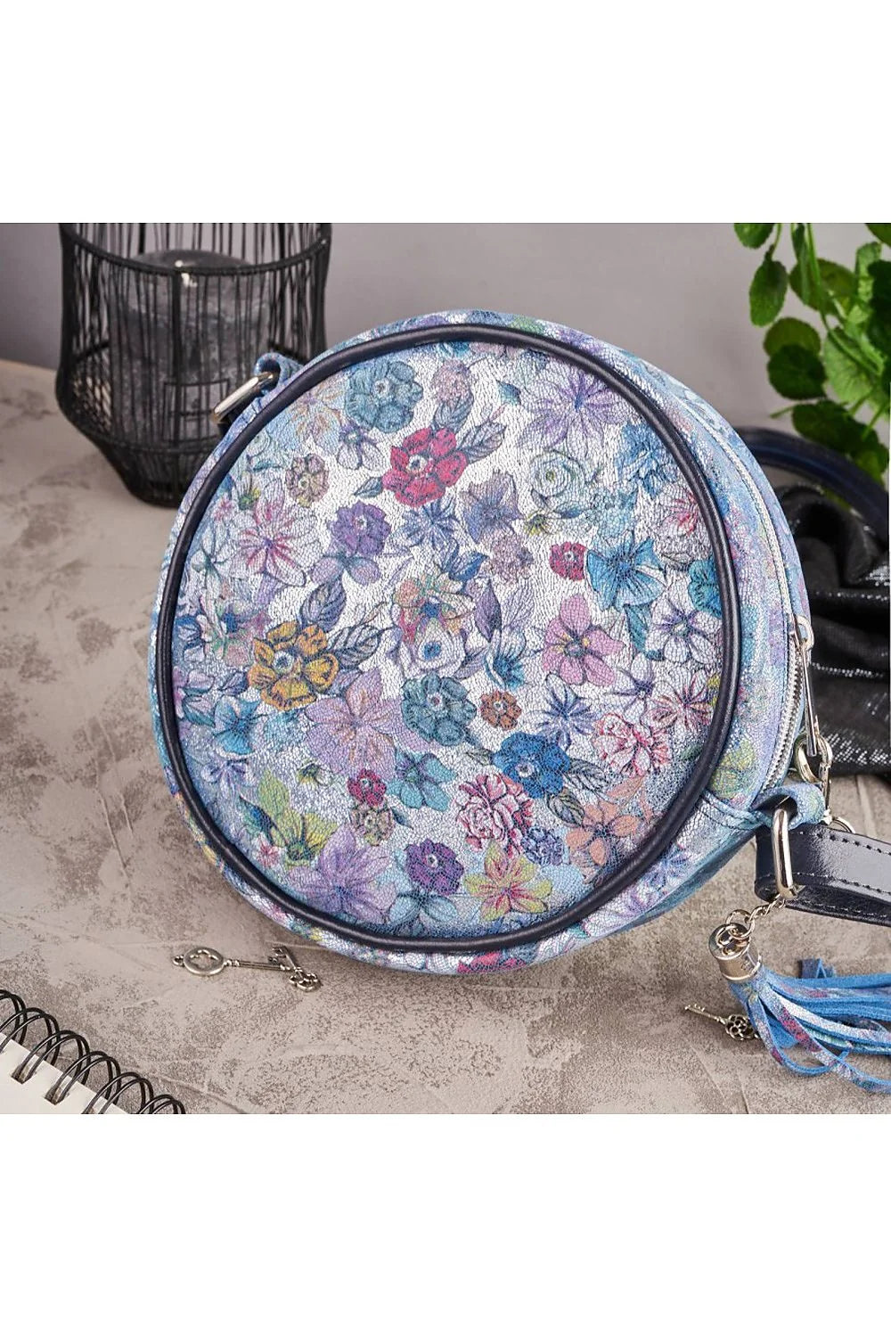 Sac à main artistique rond femme cuir naturel motif floral mosaïque multicolore bandoulière métallique occasions spéciales style audacieux