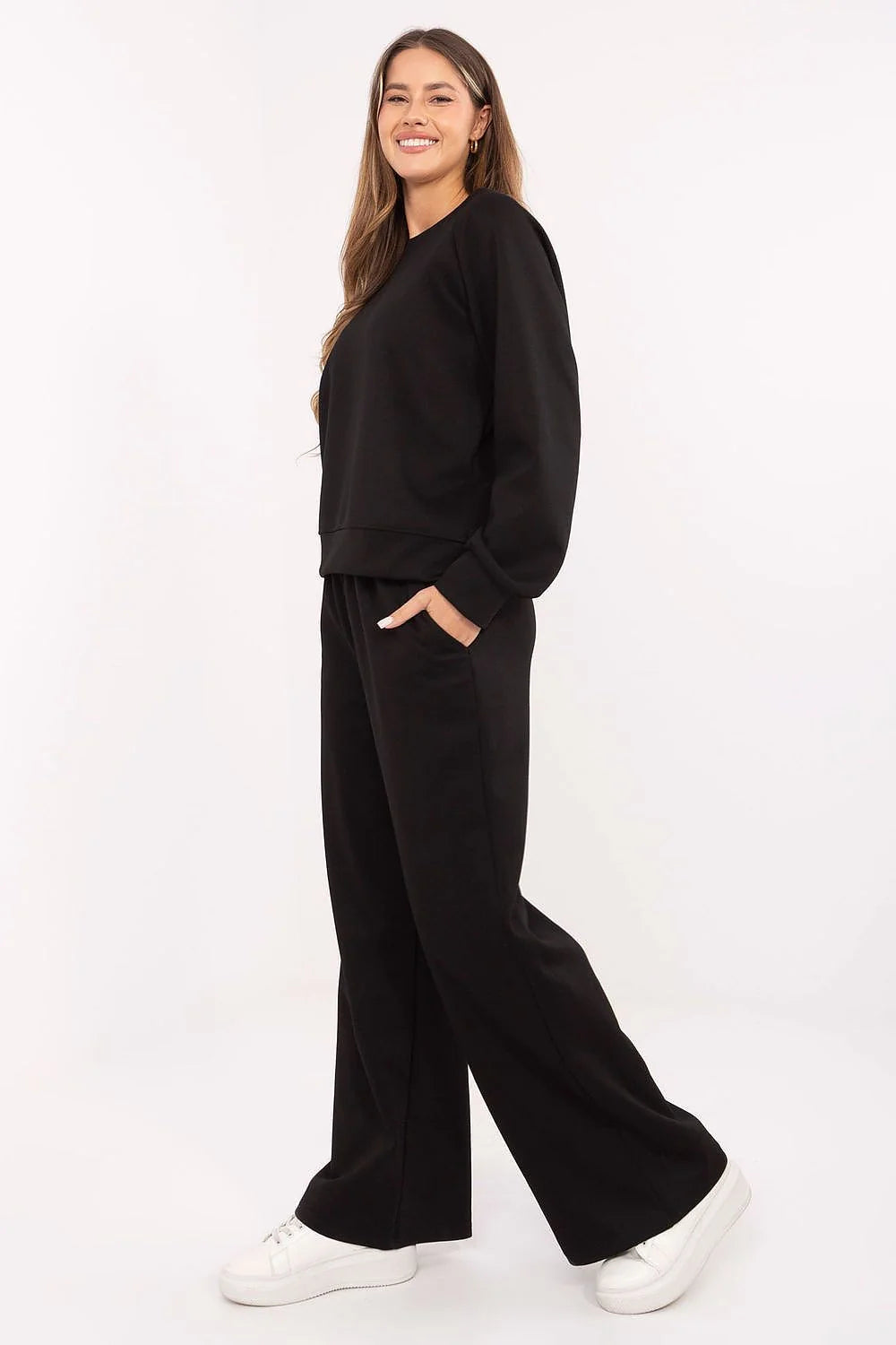 ensemble survêtement femme noir lounge molletonné effet beurre viscose polyester élasthanne stretch taille haute pantalon large poches pratiques décontracté chic