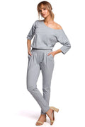 combinaison femme coton jersey gris clair décontractée chic élégante taille élastique manches trois quart épaule asymétrique poches latérales