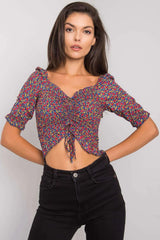 Chemisier coton élasthanne floral multicolore bleu ajusté crop top coupe ferme manches bouffantes froncés lien bohème