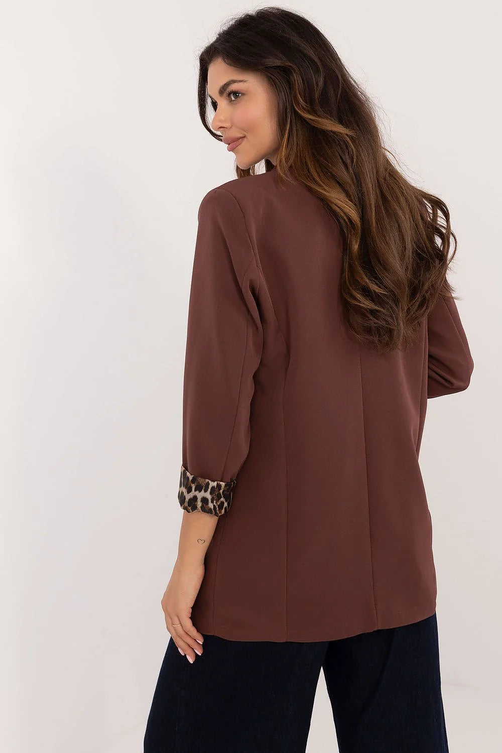 Veste élégante pour femme style décontracté manches longues couleur brun chocolat imprimé léopard doublée polyester polyvalente automne hiver printemps
