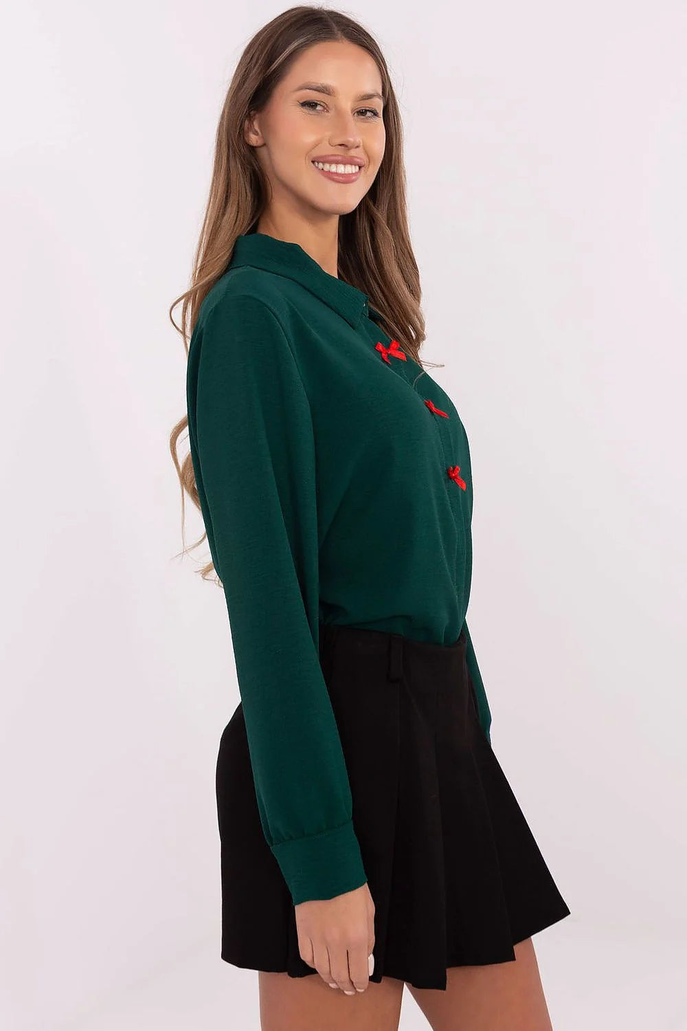 Chemise à manches longues pour femme style classique vert foncé nœuds rouges coupe décontractée Italy Moda