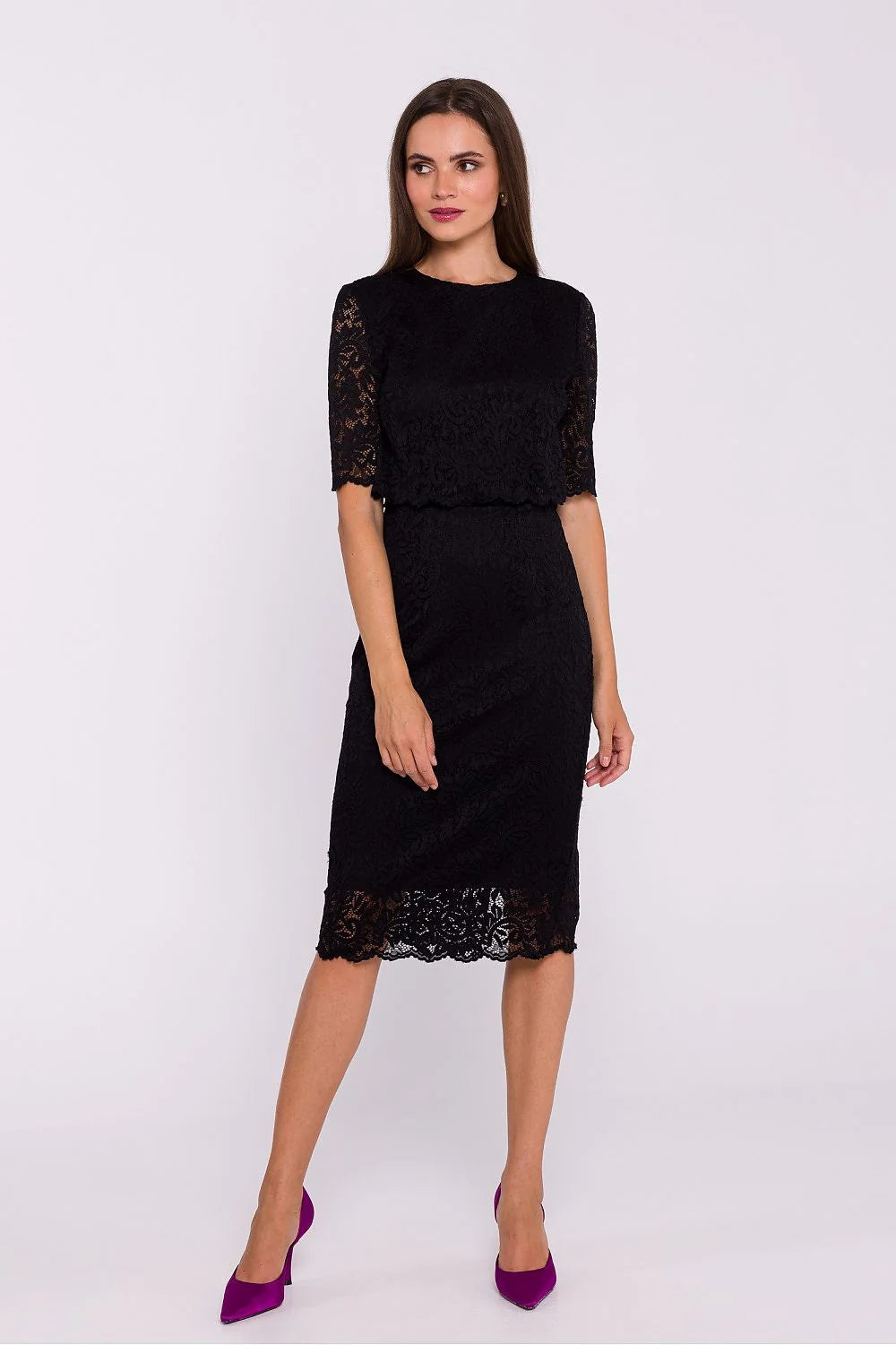 Robe de soirée élégante en dentelle noire ajustée manches courtes dos nu fente dos occasion formelle femme