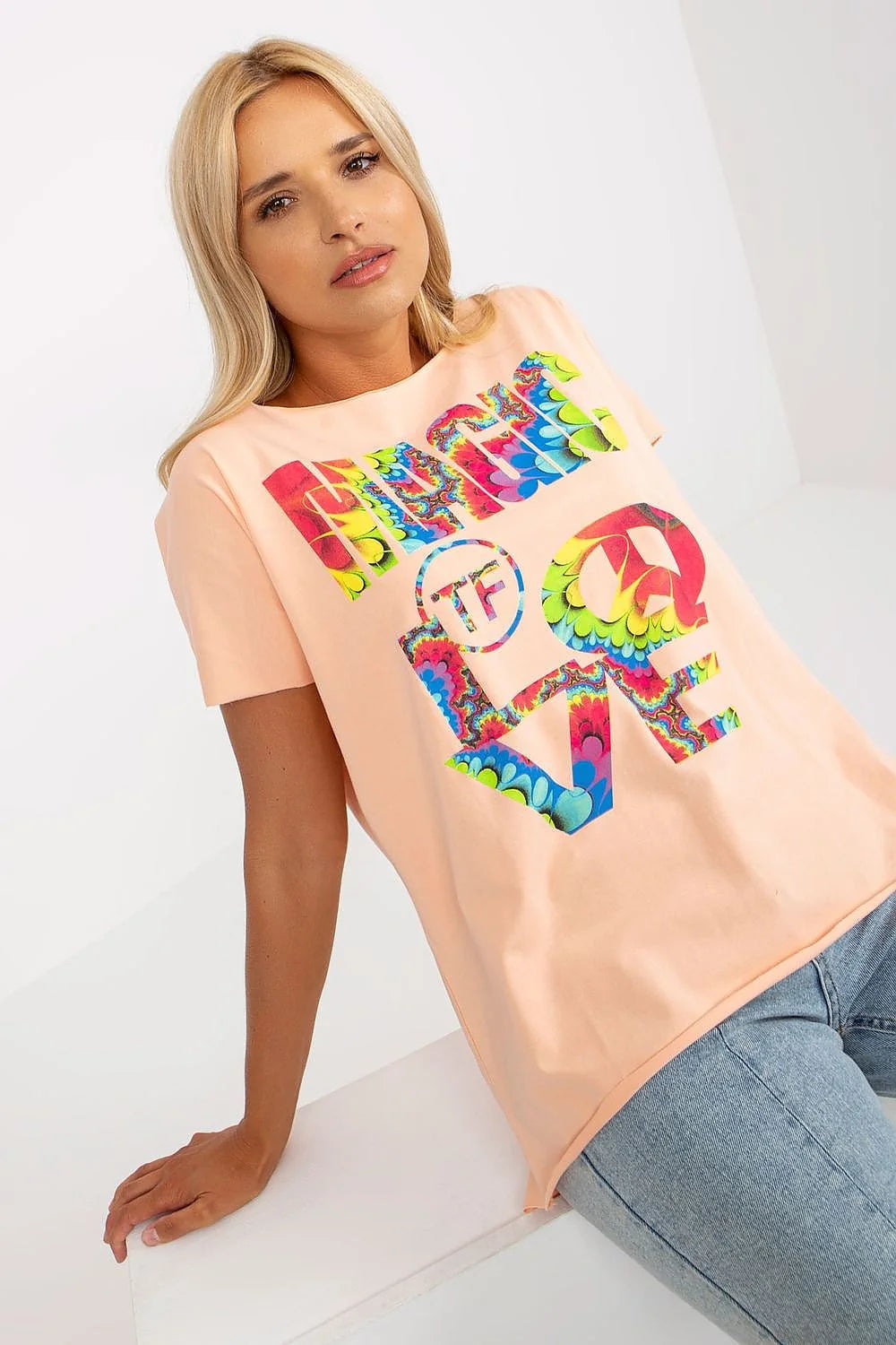 Chemisier Fancy coton élasthanne bleu clair imprimé magic love graphique coupe ample col rond manches courtes design moderne