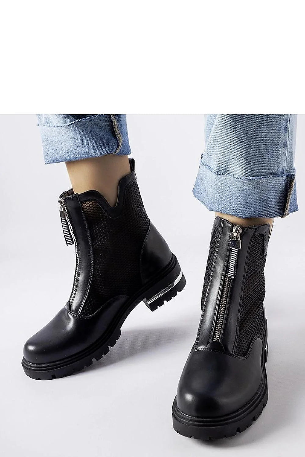 Bottines pour femmes modernes audacieuses en cuir noir et maille, style élégant et robuste, fermeture éclair intérieure, semelle crantée, confortable et durable
