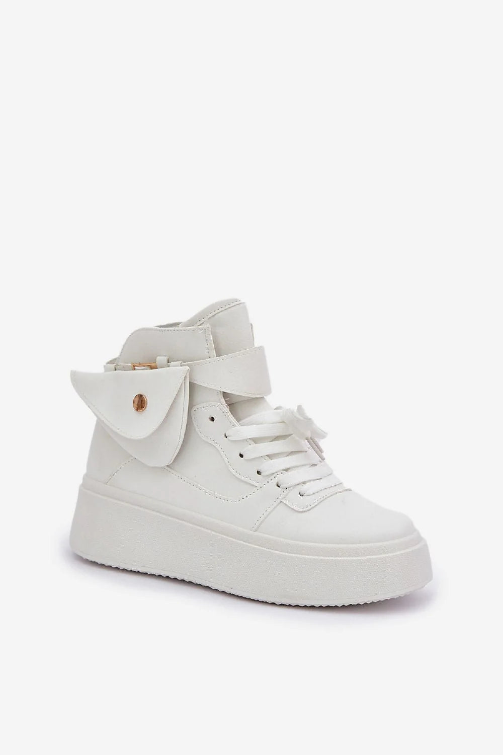 Chaussures de sport montantes femmes design moderne style urbain cuir écologique blanc confort amorti plateforme épaisse lacets blancs rabat décoratif