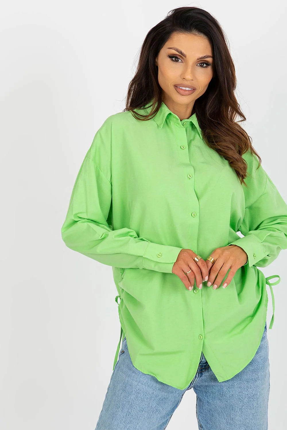 Chemise femme manches longues couleur verte vif loose fit nœuds côtés coton polyester 65 35