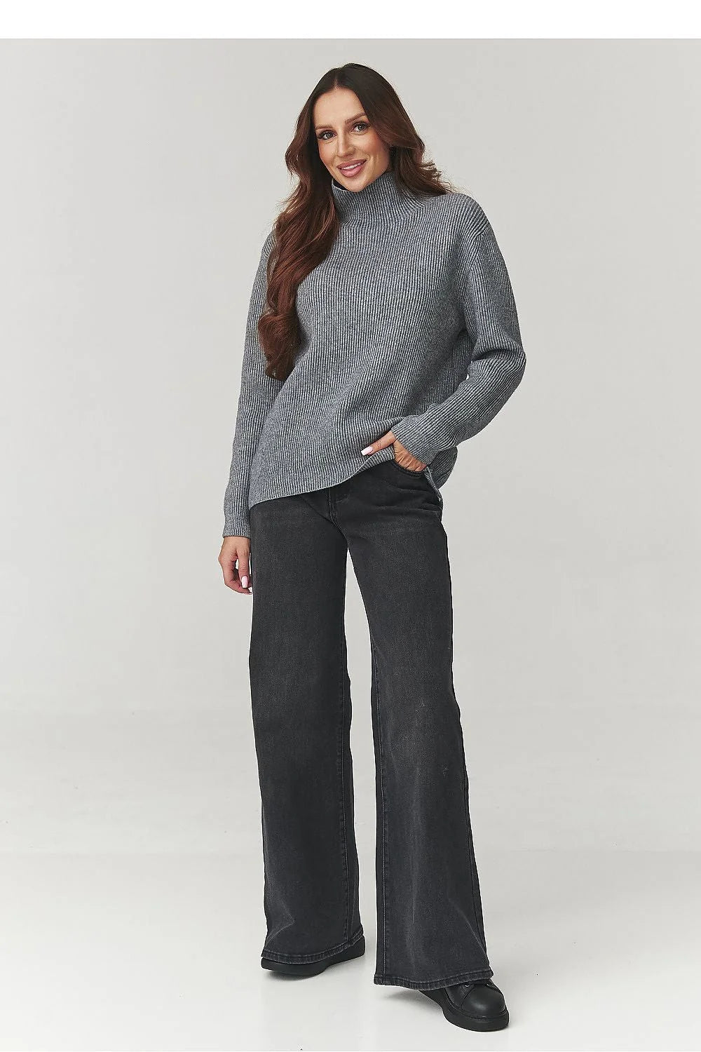 pull col roulé femme maille côtelée grise coupe relaxed épaules tombantes manches longues ourlet droit mi épaisse chaud enveloppant polyvalent